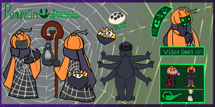 Pumpkin, a spiky orbweaver spider that tends to wear cute robes. Art dated July 18th, 2022.