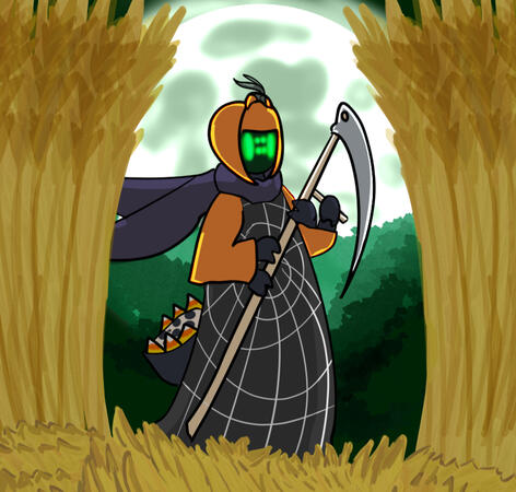 pumpkin standing in a moonlit wheat field wielding a scythe. Art dated October 19th, 2022.